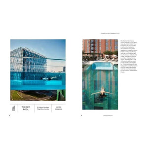 Two views of a transparent outdoor sky pool connecting two buildings in London, featured in The World's Best Swimming Pools. A swimmer glides inside with the city skyline beyond. Text and descriptions appear on both pages.