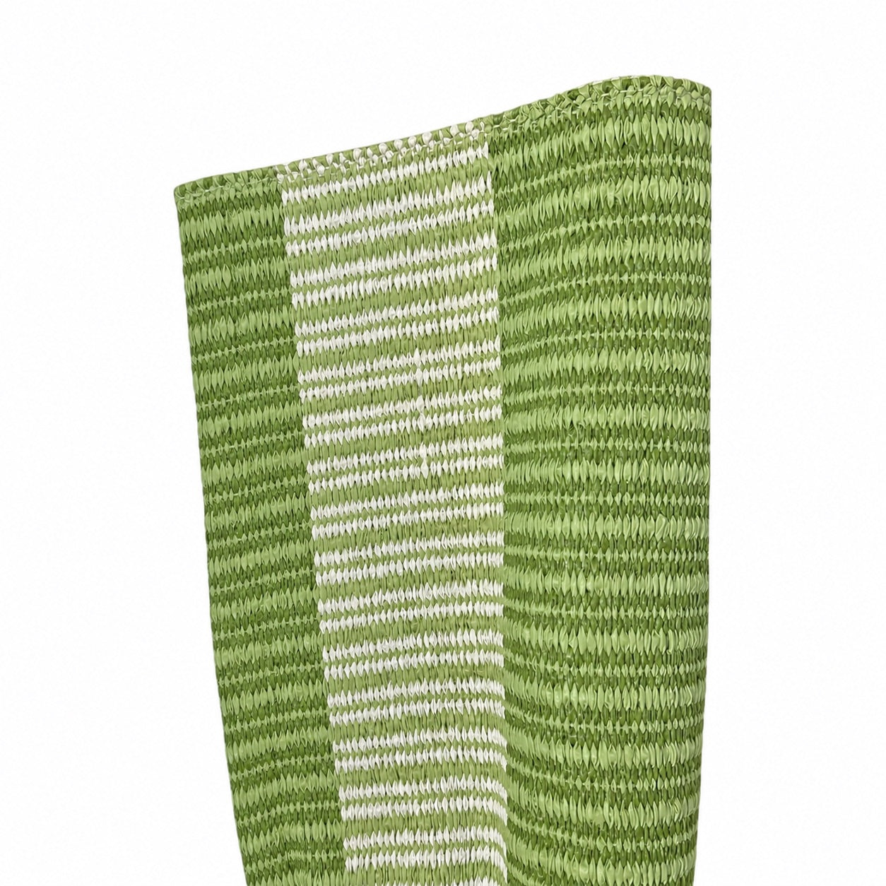 Close-up of the Laila Rug in Moss & White, showcasing alternating green and white vertical stripes, crafted from durable vinyl fiber, set against a plain white background.