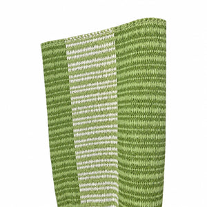 Close-up of the Laila Rug in Moss & White, showcasing alternating green and white vertical stripes, crafted from durable vinyl fiber, set against a plain white background.