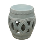 The Light Blue and Gray Fine Porcelain Crackle Circle Stool features a handcrafted drum shape with a decorative lattice pattern and glossy crackle finish.