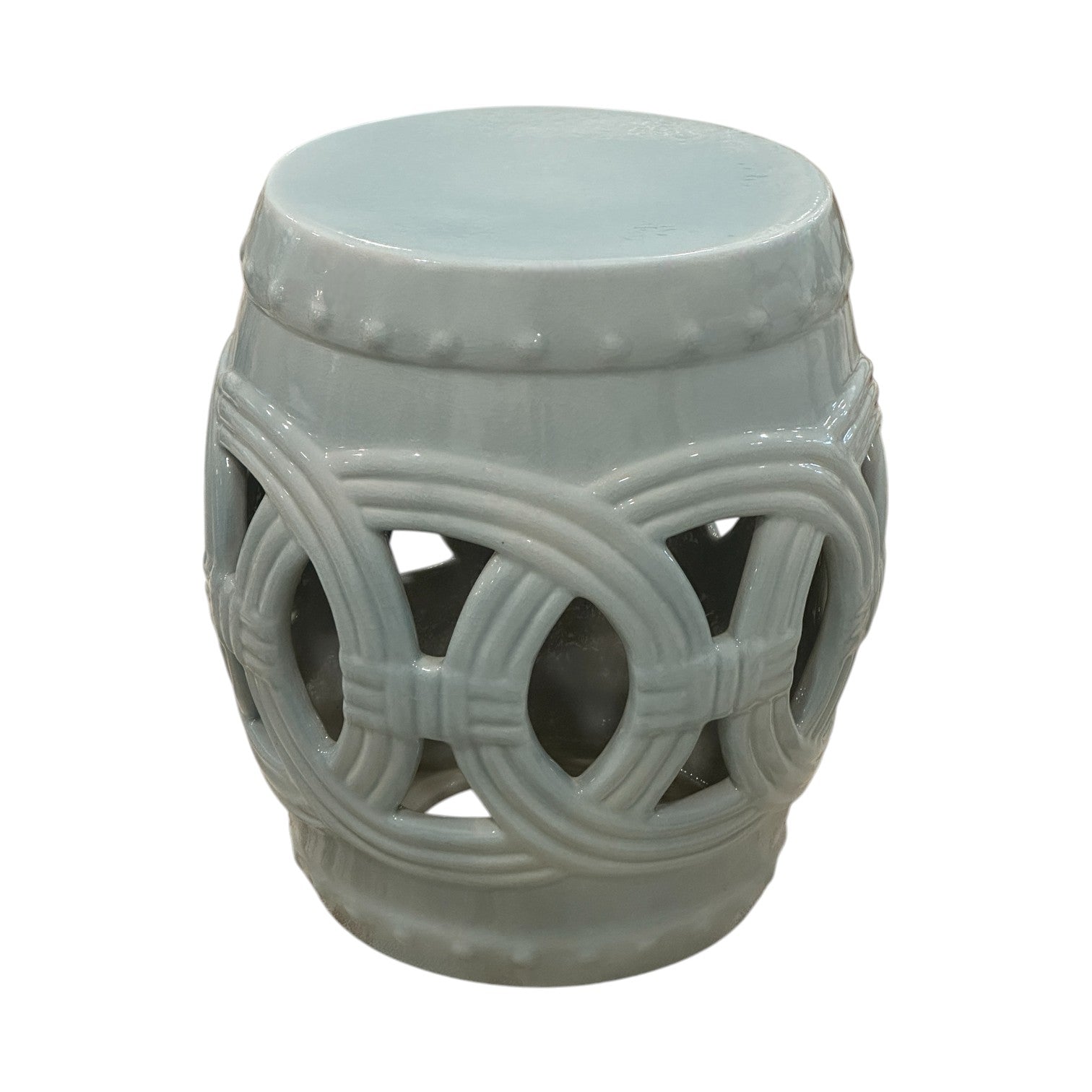 The Light Blue and Gray Fine Porcelain Crackle Circle Stool features a handcrafted drum shape with a decorative lattice pattern and glossy crackle finish.