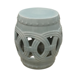 The Light Blue and Gray Fine Porcelain Crackle Circle Stool features a handcrafted drum shape with a decorative lattice pattern and glossy crackle finish.