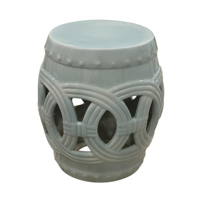 The Light Blue and Gray Fine Porcelain Crackle Circle Stool features a handcrafted drum shape with a decorative lattice pattern and glossy crackle finish.