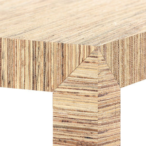 Close-up of a Parsons Papyrus Side Table corner in plywood, highlighting its layered wood grain and precise joints that emphasize its modern style.