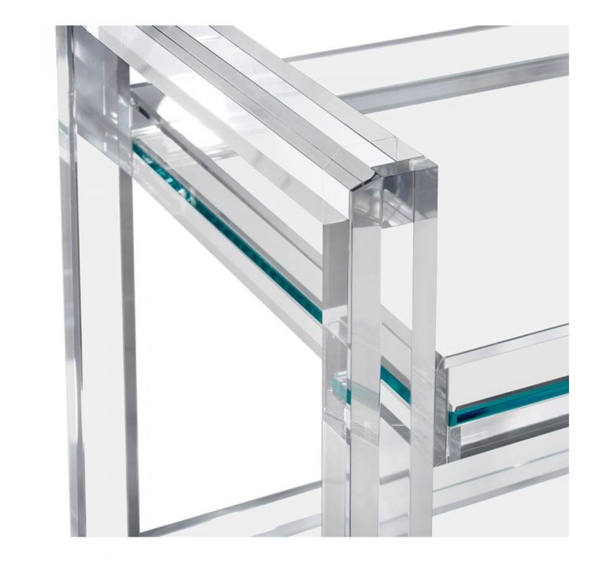 Close-up view of the Ava Acrylic Bar Cart, featuring a modern clear acrylic frame and a sleek glass tabletop.