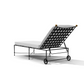 The Amalfi Chaise Lounge is a metal-framed outdoor seat inspired by Etruscan design, with a reclined cushion, back wheels, and spherical corner accents—ideal poolside furniture shown against a white background.
