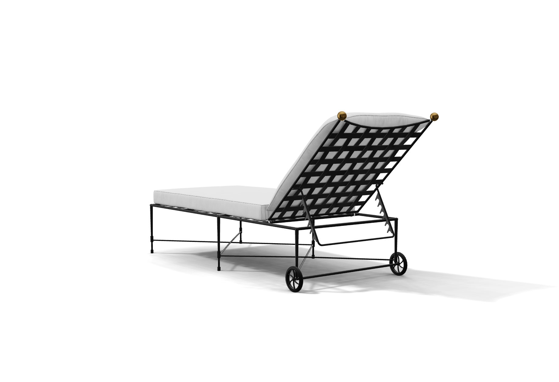The Amalfi Chaise Lounge is a metal-framed outdoor seat inspired by Etruscan design, with a reclined cushion, back wheels, and spherical corner accents—ideal poolside furniture shown against a white background.