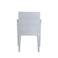 The Bari Stacking Arm Chair in Chambray features woven resin wicker with a light blue and white chevron pattern, shown from the back against a white background.