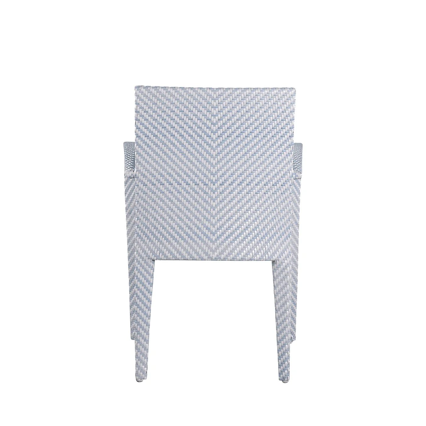 The Bari Stacking Arm Chair in Chambray features woven resin wicker with a light blue and white chevron pattern, shown from the back against a white background.