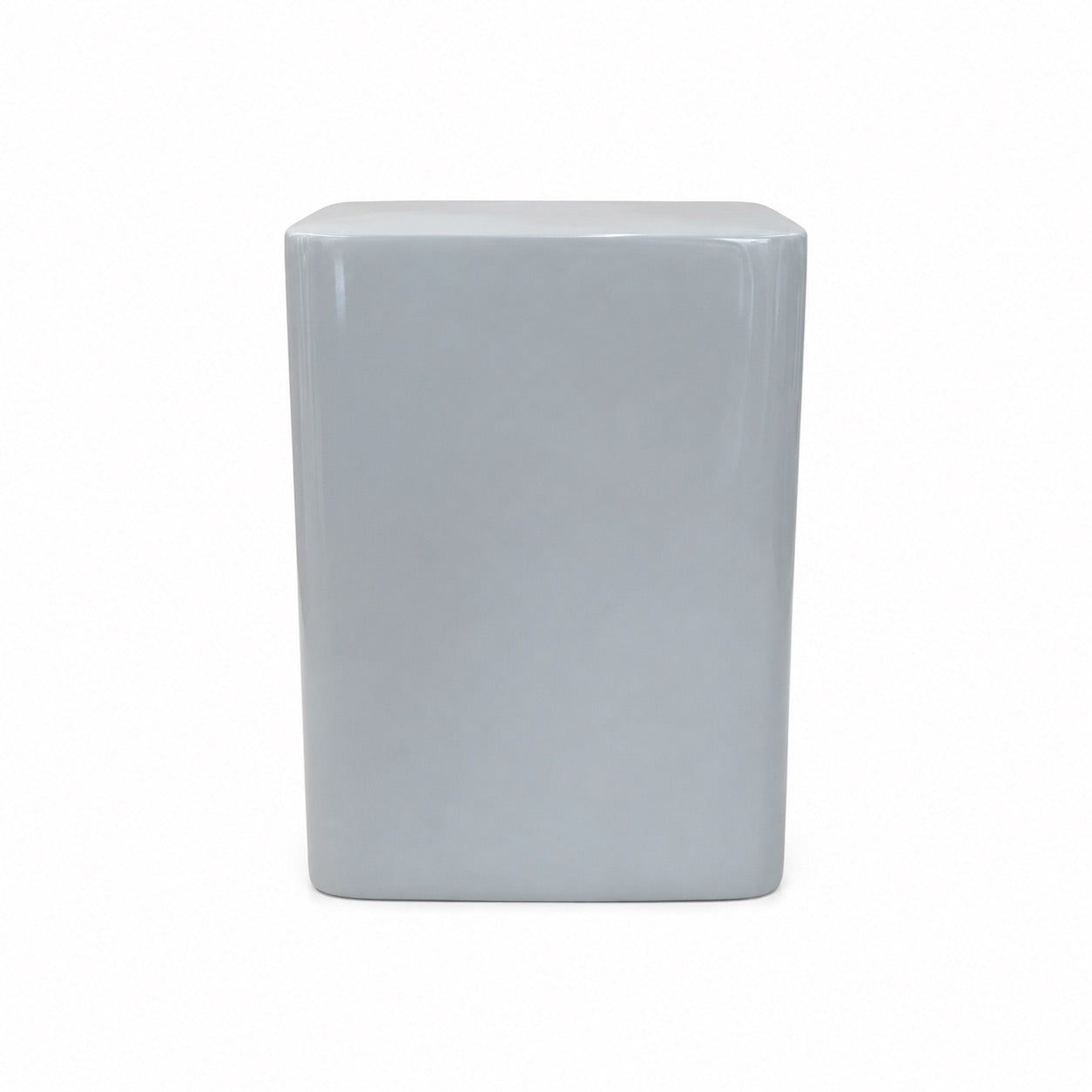 A matte light blue fiberstone square stool with rounded edges, perfect as modern seating or a pedestal accent, is shown against a plain white background.