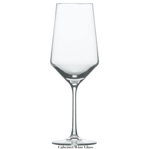 A clear Fortessa Pure Collection wine glass with a tall stem and wide bowl, crafted from Tritan Crystal by Zwiesel Glas, designed for serving cabernet wine.