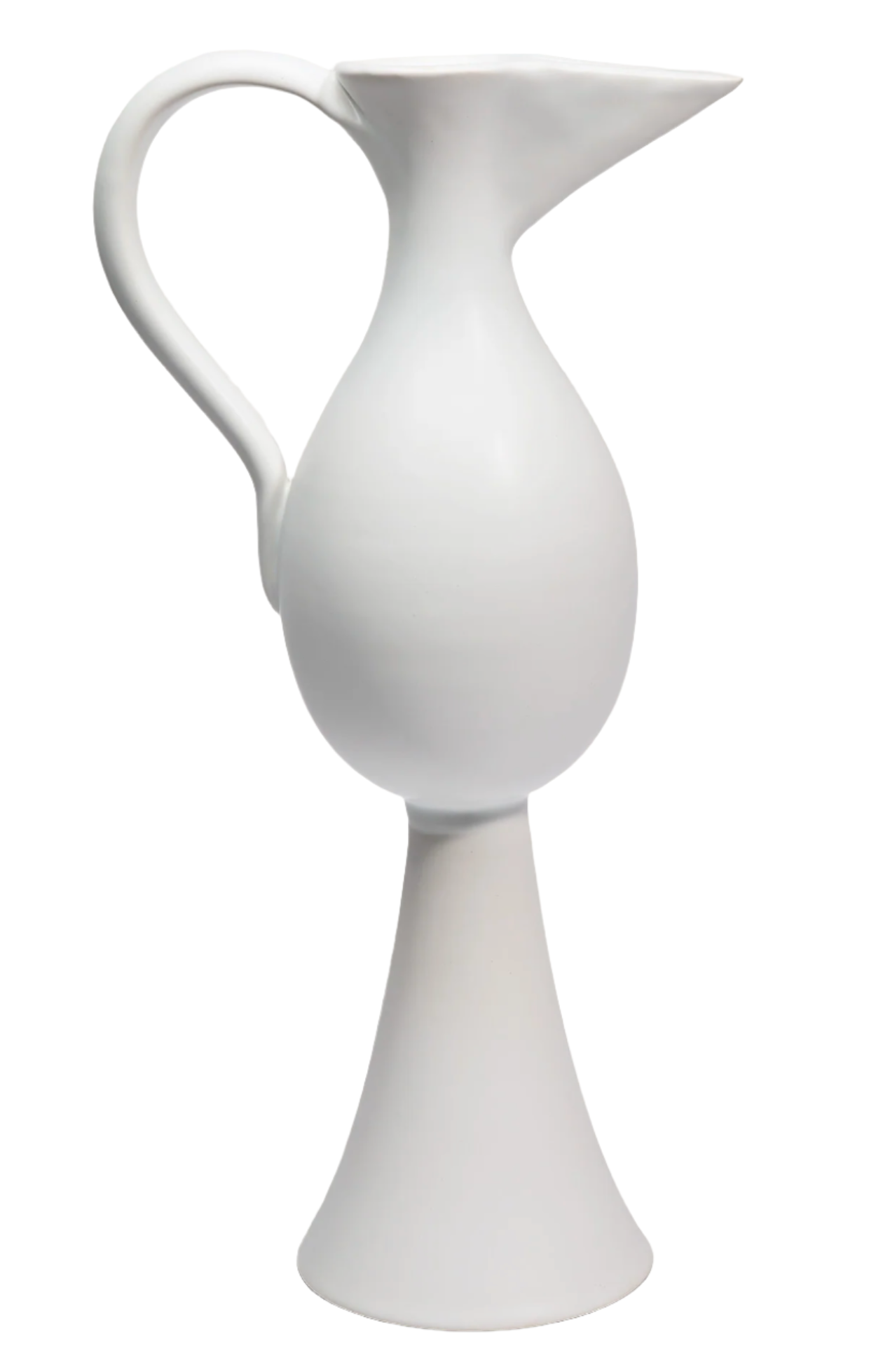 A white, uniquely shaped Jean Roger Paris Pelican Pitcher from the 1950s features a round ceramic body, an elongated spout and handle, and a conical base.