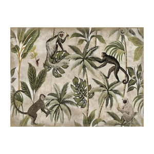 Monkey Business" features four playful monkeys interacting among tropical plants and large green leaves set against a neutral background. This decorative illustration adds charm and warmth to any room, making it the perfect piece of jungle wall art for those looking to bring delightful monkey decor into their space.