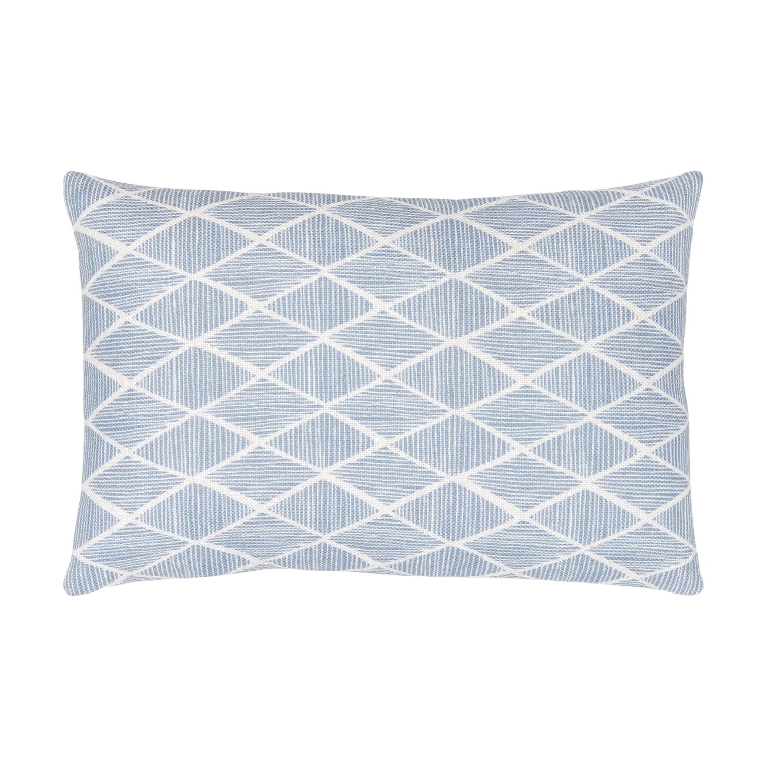 Raj Outdoor Lumbar Pillow with a blue and white geometric diamond pattern on sun-resistant fabric, viewed from above against a plain white background.