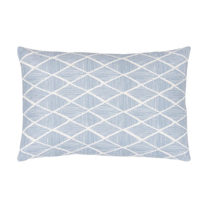 Raj Outdoor Lumbar Pillow with a blue and white geometric diamond pattern on sun-resistant fabric, viewed from above against a plain white background.