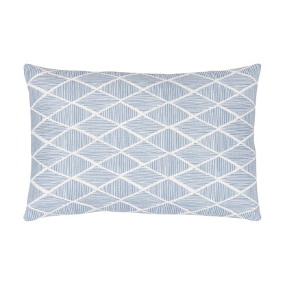 Raj Outdoor Lumbar Pillow with a blue and white geometric diamond pattern on sun-resistant fabric, viewed from above against a plain white background.