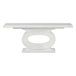 The Grier Console features a white sculptural design with a rectangular top and central keyhole pedestal base, shown on a plain white background.