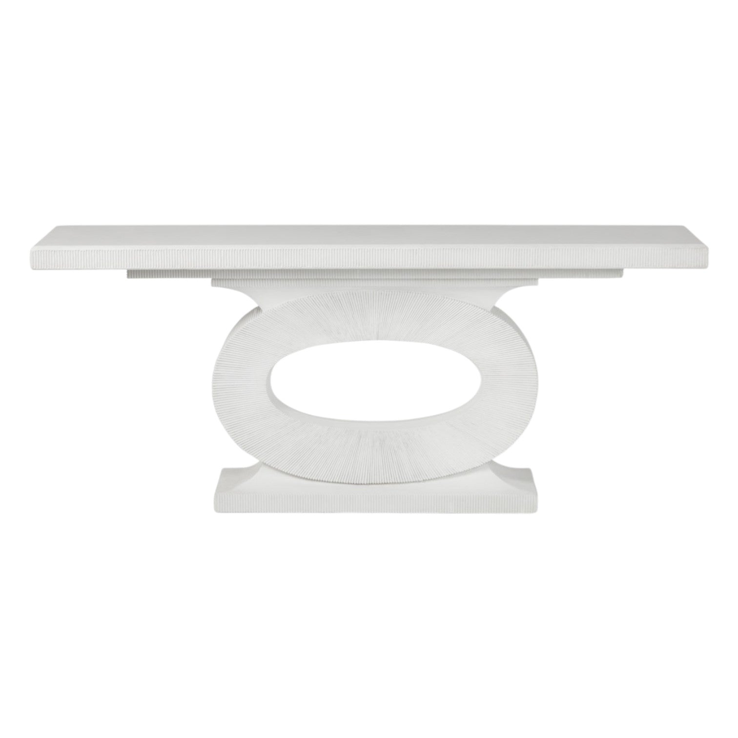 The Grier Console features a white sculptural design with a rectangular top and central keyhole pedestal base, shown on a plain white background.