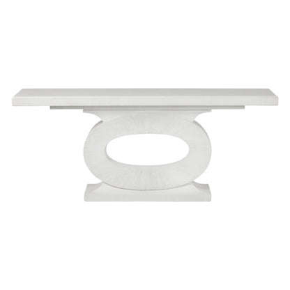 The Grier Console features a white sculptural design with a rectangular top and central keyhole pedestal base, shown on a plain white background.
