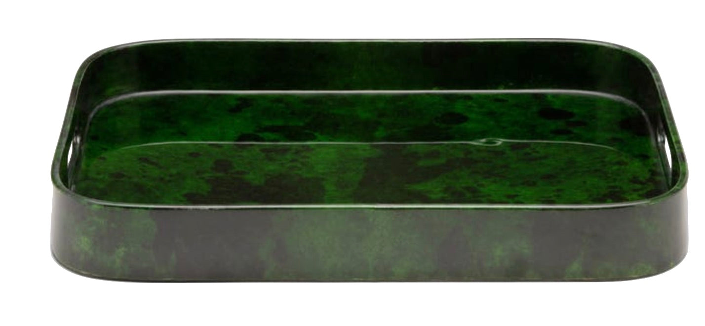 A rectangular, dark green tray with rounded corners, featuring a speckled pattern and brass detailing from the Blue Pheasant Nelson Emerald Barware Collection.