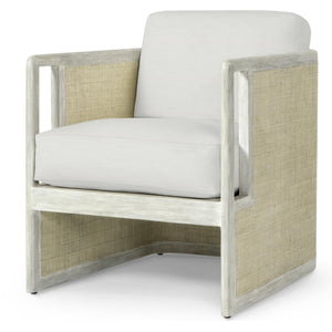 The Aveline Lounge Chair features a white cushioned seat and backrest, two-tone light hardwood frame, and woven side panels, showcased against a plain background.