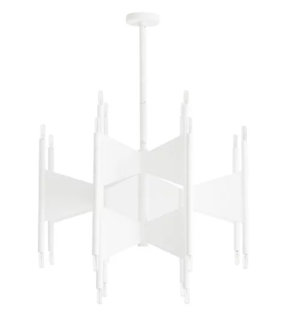 The AR Deskins Chandelier in White Gesso features a modern design with six angular panels, suspended from the ceiling by a central rod. Dimensions: 31" diameter x 28.5" height.