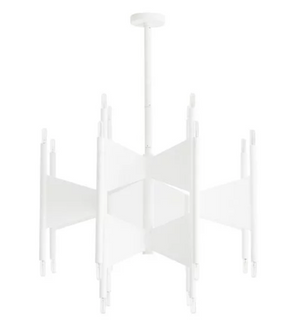 The AR Deskins Chandelier in White Gesso features a modern design with six angular panels, suspended from the ceiling by a central rod. Dimensions: 31" diameter x 28.5" height.