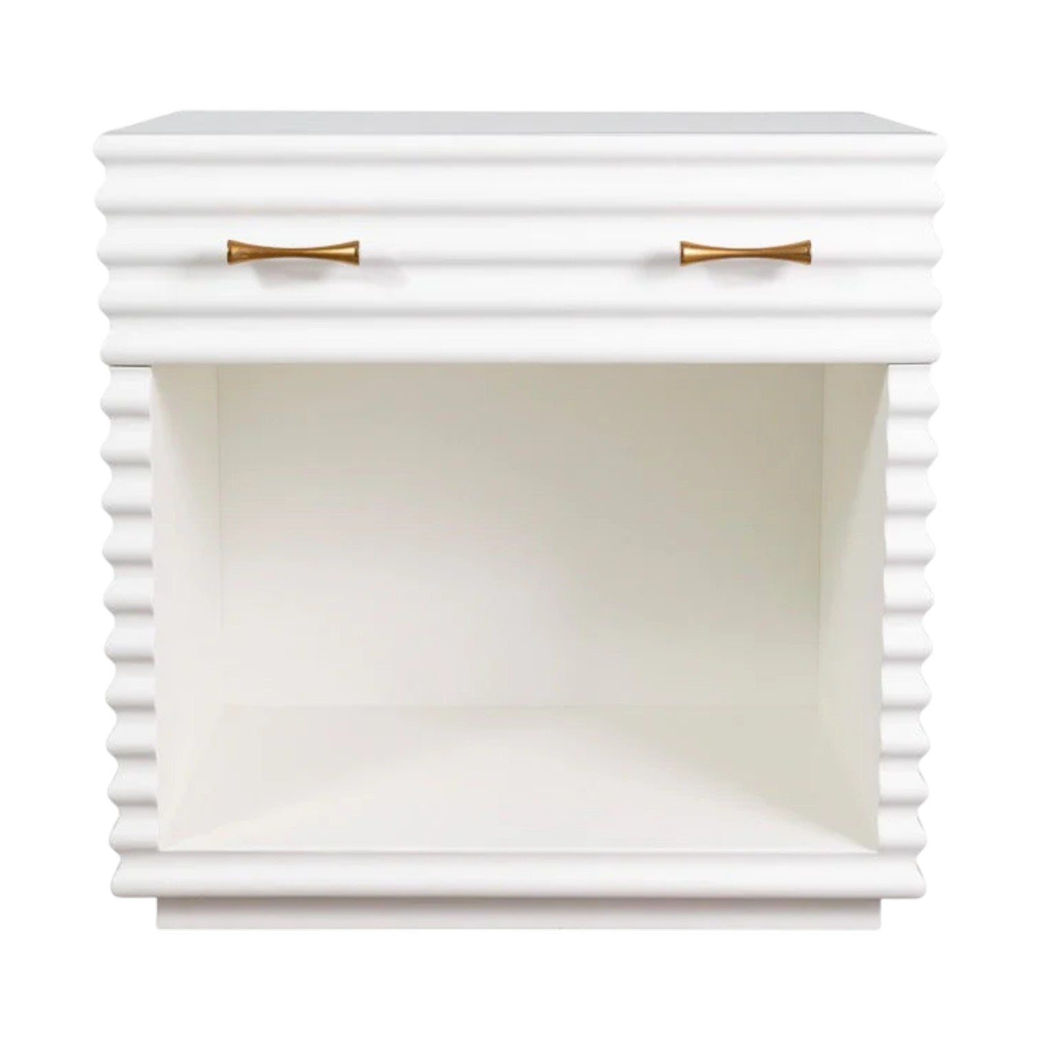 The Brighton Bedside Table has a white satin lacquer finish, ribbed texture, aged brass hardware, a single drawer, and an open storage shelf.