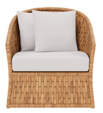 The Made Goods Indra Lounge Chair is a swivel wicker piece featuring light gray cushions, a rounded back, and a woven pattern design.