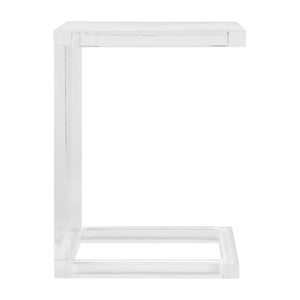 The Clark Acrylic Laptop Table features a modern, minimalist C-shaped clear acrylic design, ideal as a stylish drink table or laptop stand for any space. Shown against a plain white background.