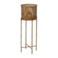 The Roanoke Metal Planter on Stand features a woven rattan-style cylindrical basket atop four slender metal legs with crossbars, blending modern elegance and durability, shown against a white background.