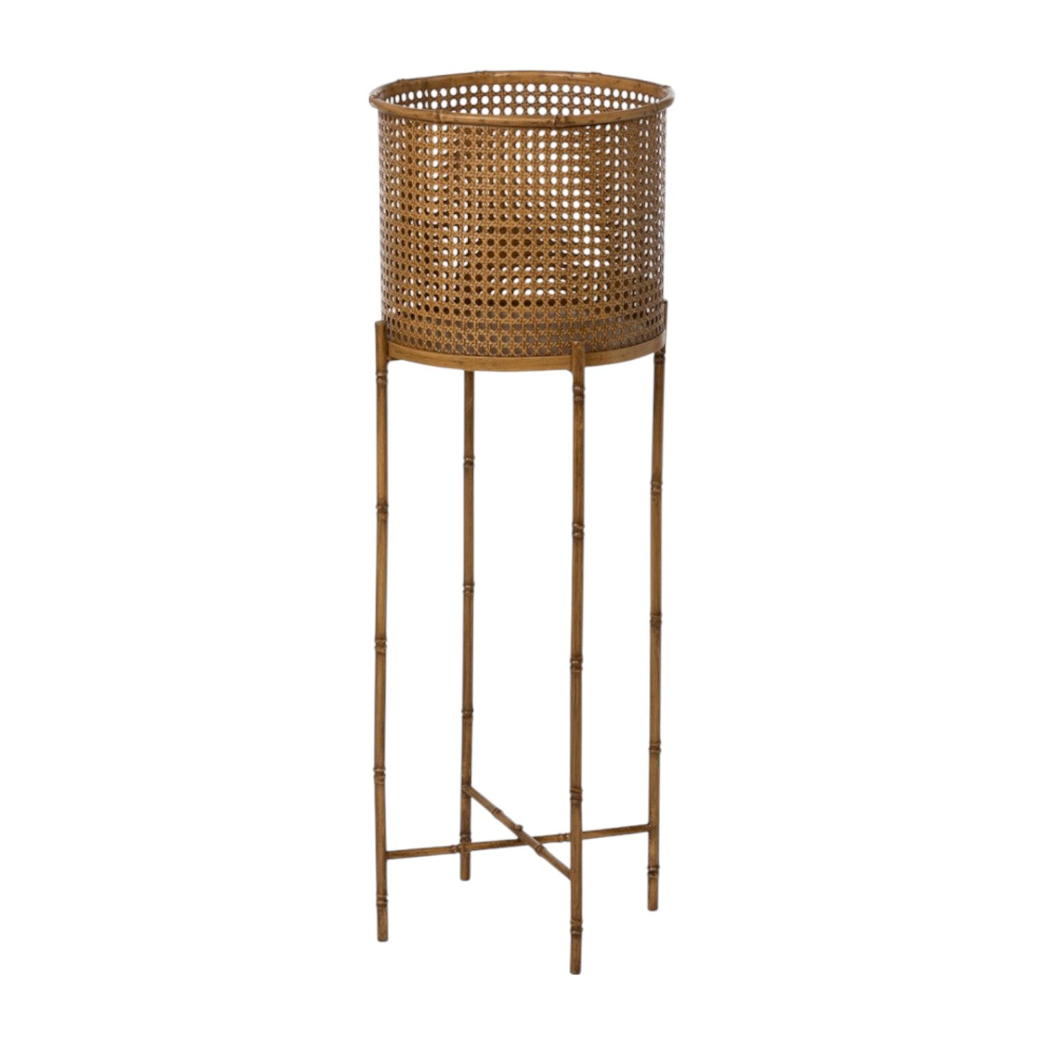 The Roanoke Metal Planter on Stand features a woven rattan-style cylindrical basket atop four slender metal legs with crossbars, blending modern elegance and durability, shown against a white background.