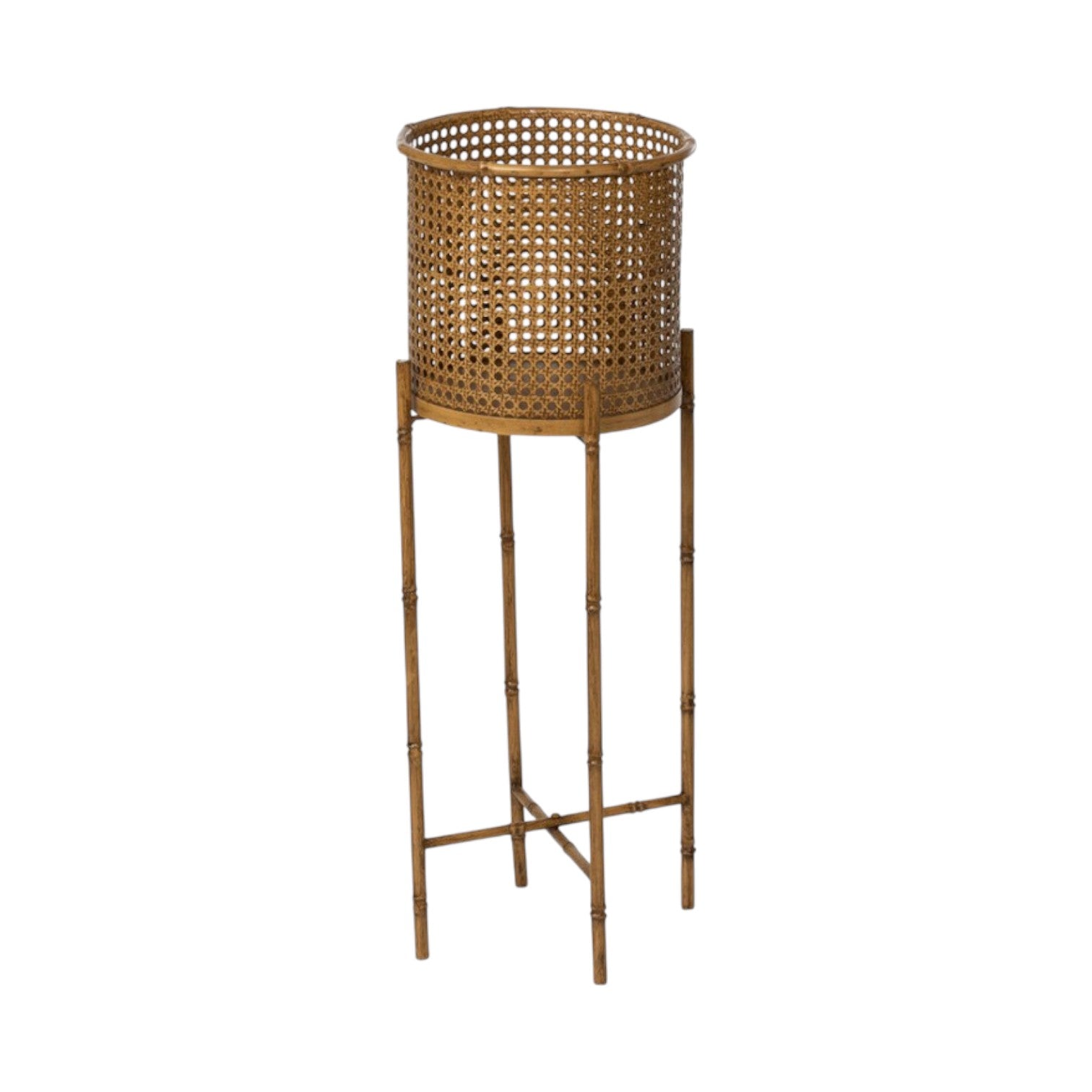 The Roanoke Metal Planter on Stand boasts modern elegance with its tall, gold-colored cylindrical basket on four slim legs and crossbars, all crafted from durable metal.