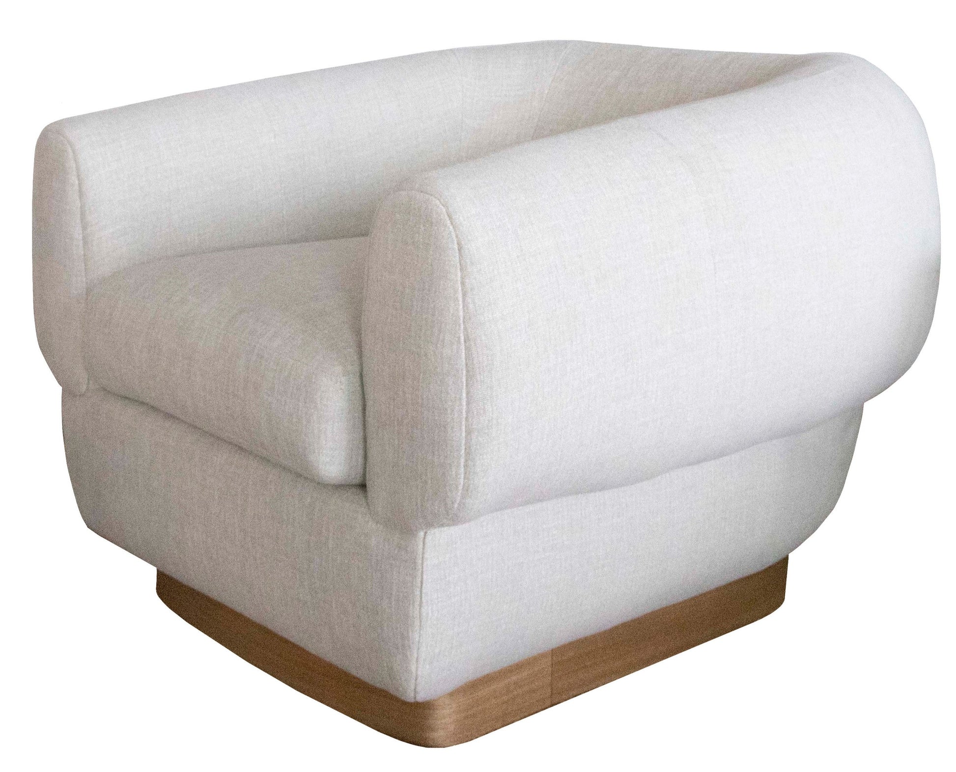 The Obi Lounge Chair is a white, cushioned armchair with a wooden base, featuring a curved back and boxy design. This piece of home furnishings exudes calm and serenity, making it an ideal addition to any tranquil space.