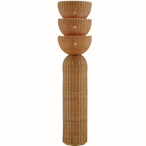 The Rian Floor Lamp is a tall, cylindrical floor lamp featuring three shallow, bowl-shaped wicker baskets stacked vertically, adding mid-century style and natural wicker charm to your space.