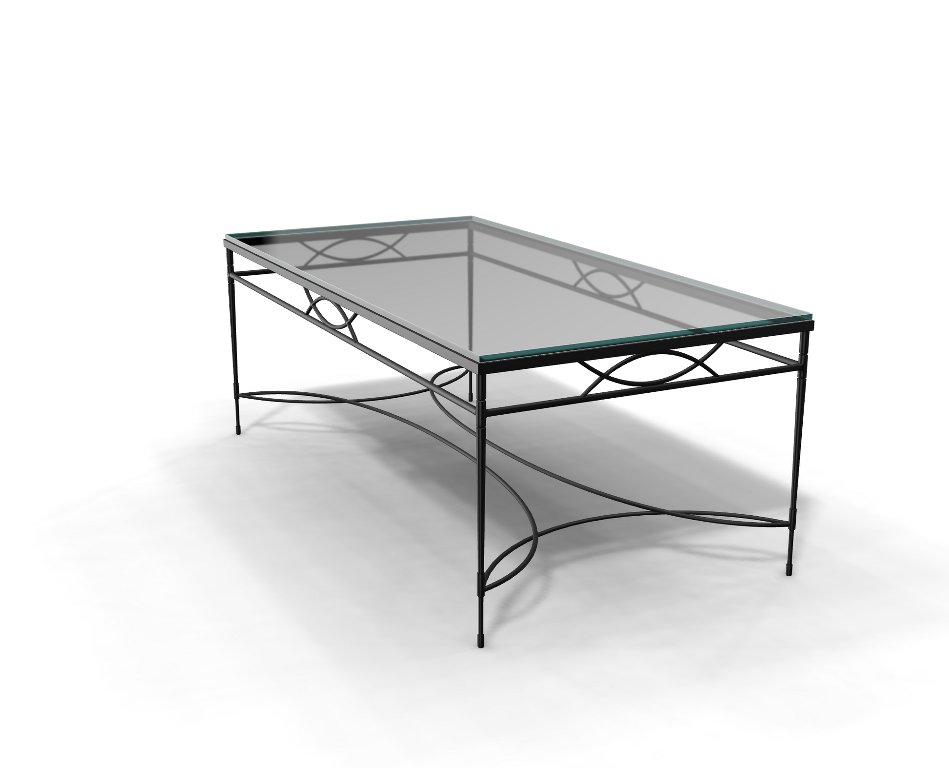 The Amalfi Glass Top Cocktail Table showcases a tempered glass surface and hand-forged steel frame with decorative curved accents, displayed against a plain white background.