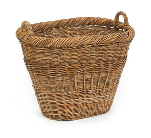 The French Country Collector's Basket is a medium-sized brown rattan wicker basket with two handles, a slightly tapered shape, and a woven pattern—ideal for stylish storage.