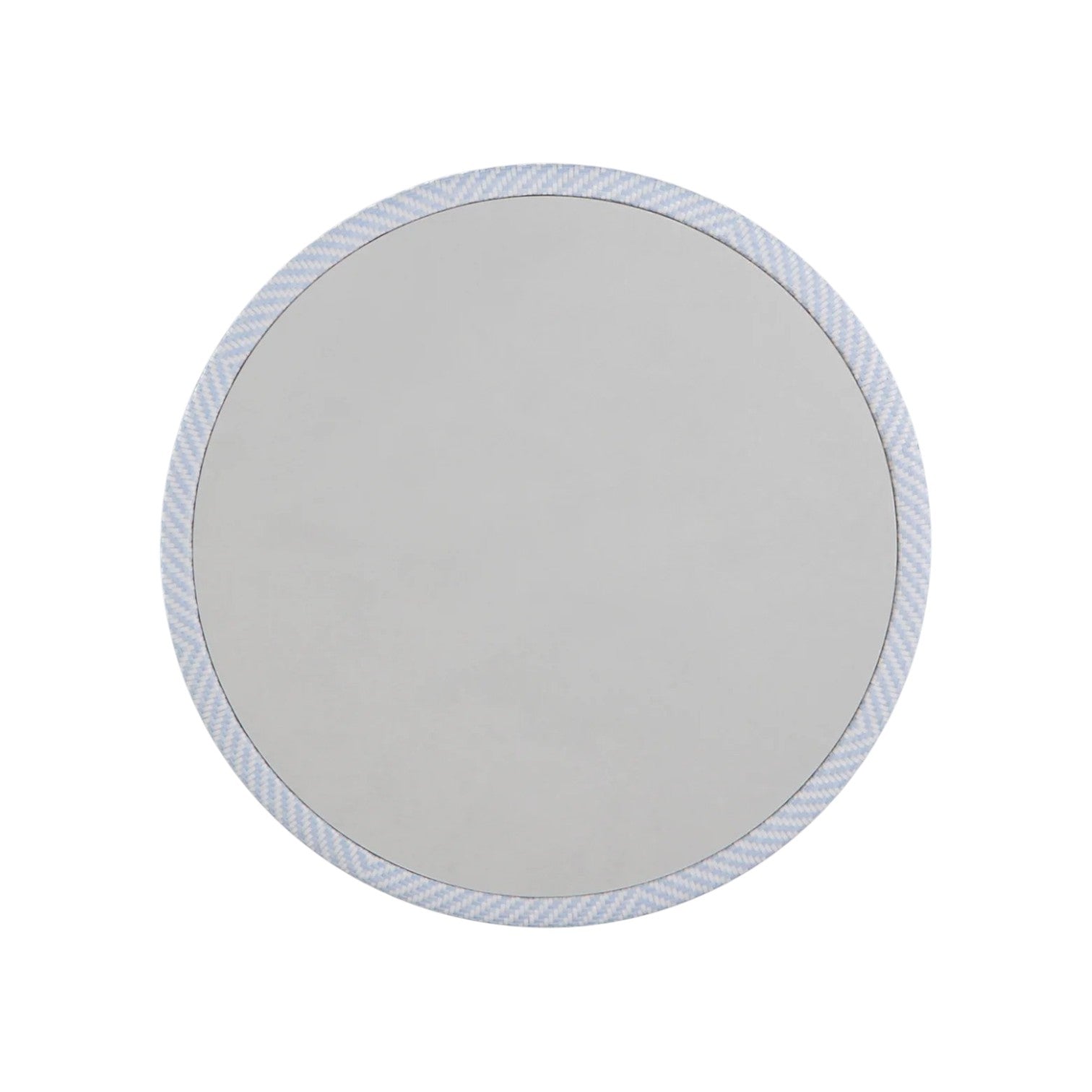 The Bari Round Coffee Table in Chambray features a light blue and white resin wicker design, reminiscent of rope detail, displayed against a plain white background.