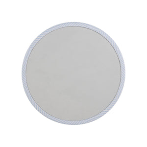 The Bari Round Coffee Table in Chambray features a light blue and white resin wicker design, reminiscent of rope detail, displayed against a plain white background.