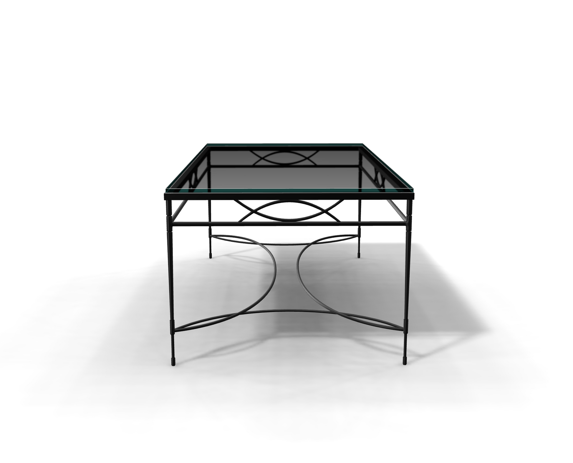 The Amalfi Glass Top Cocktail Table features a hand-forged steel frame and tempered glass, shown from one end casting a shadow on a white background.
