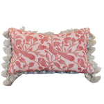 Introducing the Peacock Garden Lumbar Pillow—a rectangular decorative pillow adorned with pink floral embroidery and light gray tassels along the edges. Expertly crafted as one of our premium custom pillows, it features a hidden zipper for a seamless finish, shown here against a white background.