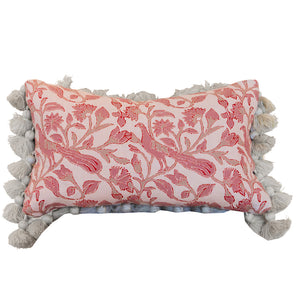 Introducing the Peacock Garden Lumbar Pillow—a rectangular decorative pillow adorned with pink floral embroidery and light gray tassels along the edges. Expertly crafted as one of our premium custom pillows, it features a hidden zipper for a seamless finish, shown here against a white background.