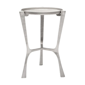 The Addison Small Accent Table features a round aged silver iron top with a raised edge, tripod base, and three legs—perfect as an elegant metal accent piece for any space.