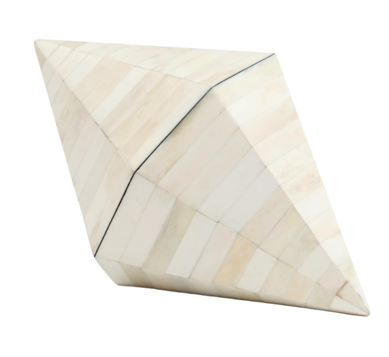 A faceted, angular Triangle Cone Box, White Bone with a geometric shape, composed of beige and off-white tiles with a bone veneer, displaying a striped pattern.