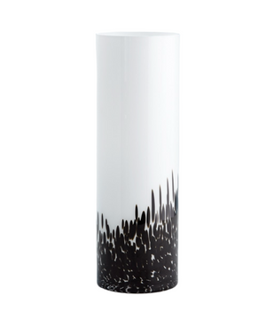 A Confetti Vase, Medium with a white upper section and a black-and-white speckled lower section, reminiscent of classic black confetti glass design.