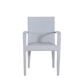 Front view of the Bari Stacking Arm Chair in Chambray, showcasing armrests and a woven light gray and white resin wicker pattern.
