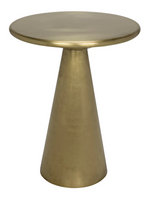 A small, round, gold-colored metal accent table with a conical base and a smooth surface, perfect for adding a touch of elegance to any modern interior with its warm brass finish, the Cassia Side Table, Brass stands out as an exquisite choice.