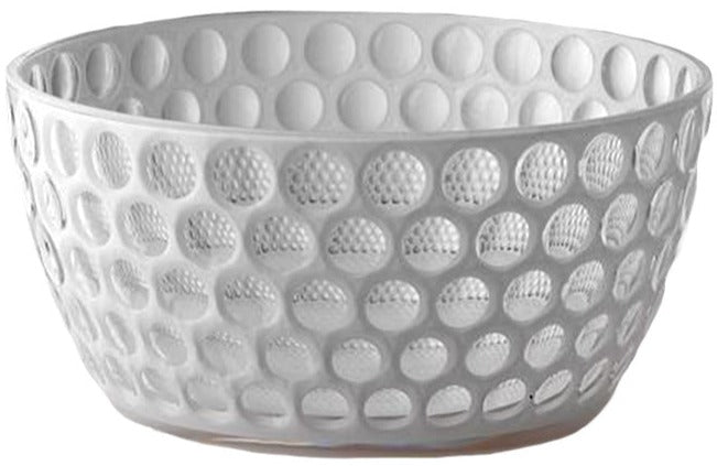 Ideal for outdoor entertaining, this white bowl from the Mario Luca Giusti Lente Acrylic Collection features a textured pattern of raised dots covering its surface, making it a perfect addition to any table setting.