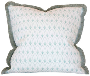 The Arrowhead Rainwashed Pillow is a custom-made square decorative pillow with a light blue and white geometric design, green fringe trim, and crafted from premium materials.
