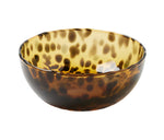 A glossy, round glassware bowl from the Blue Pheasant Andrew Collection, featuring a brown and yellow tortoiseshell pattern reminiscent of a subtle leopard design and empty inside.